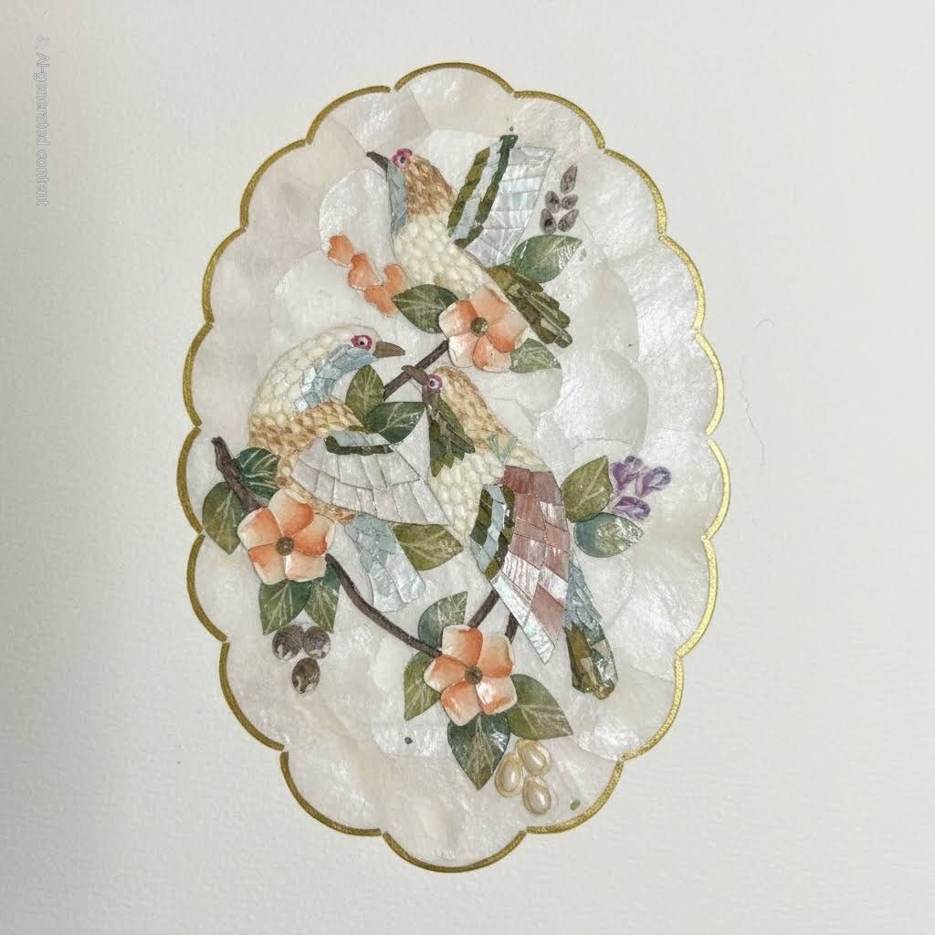 Vintage Capiz Shell Scalloped Seashell Birds Artwork