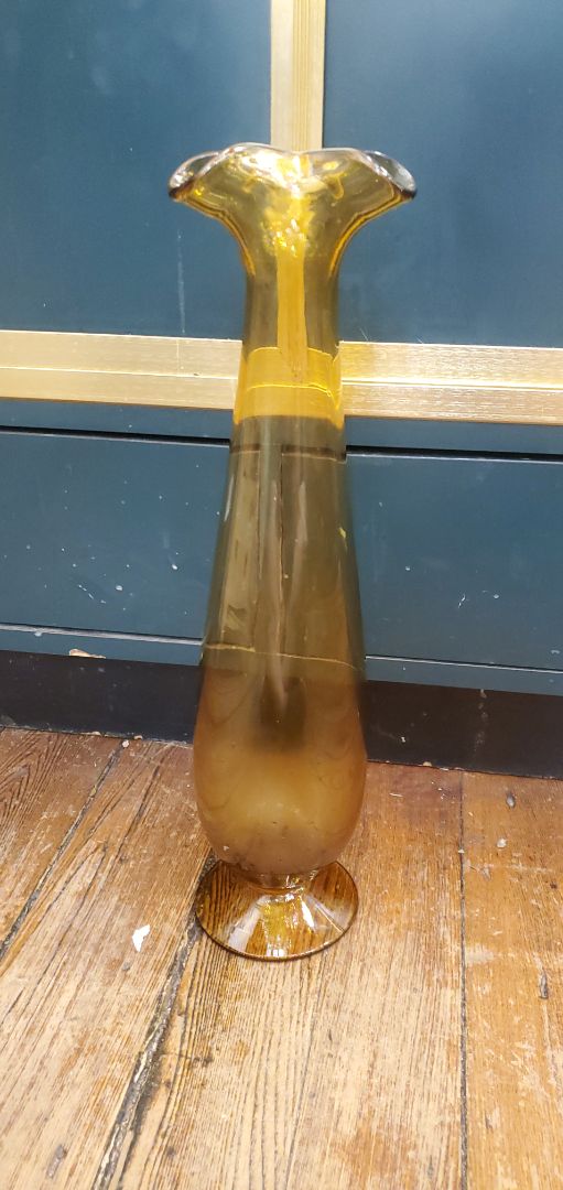 Hand Swung and Blown Tall Amber Vase