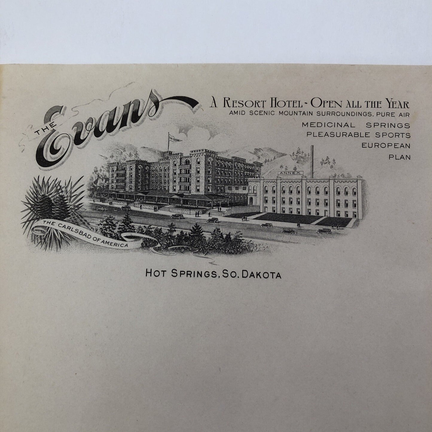 Hot Springs South Dakota The Evans Resort Hotel Stationery 10 Sheets