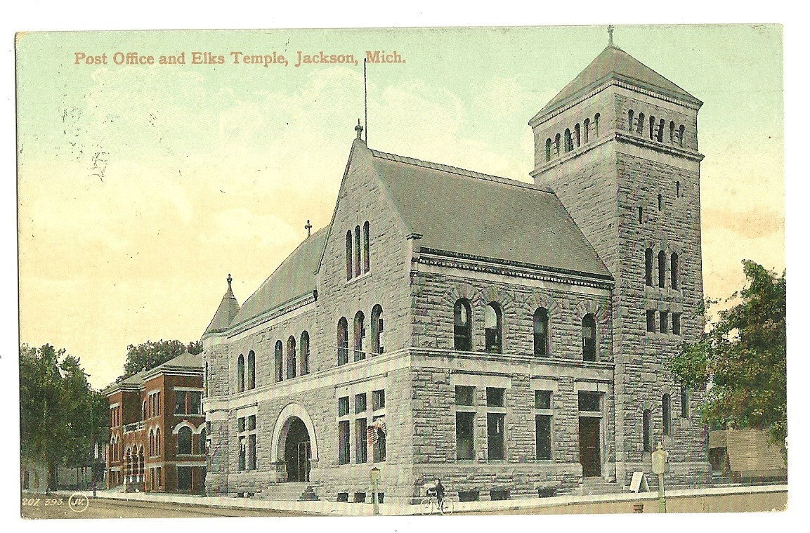 Post Office Elks Temple Jackson MI Michigan Postcard