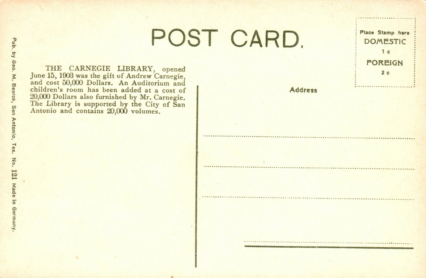 Carnegie Library San Antonio Tex Texas TX Postcard