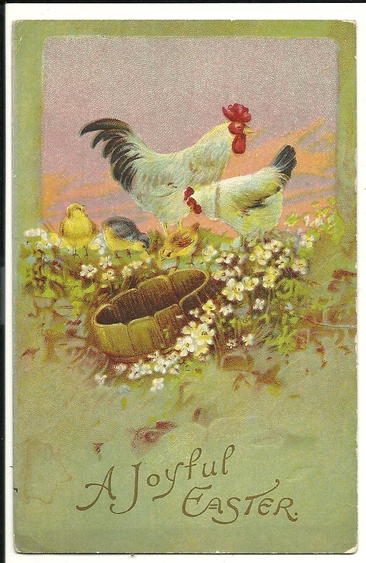 A Joyful Easter Hens Chickens Rooster by barrel Postcard