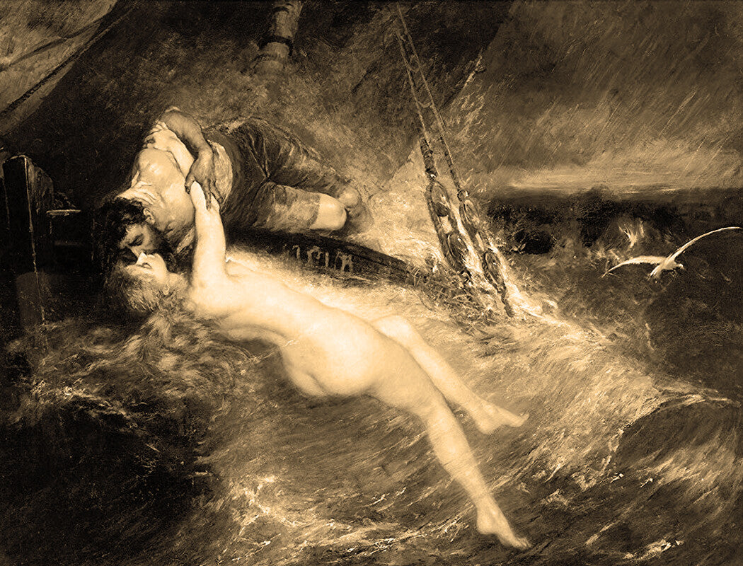 1889 Charcoal on Silk Art "Kiss of The Siren" Artist Signed Patton CW Post
