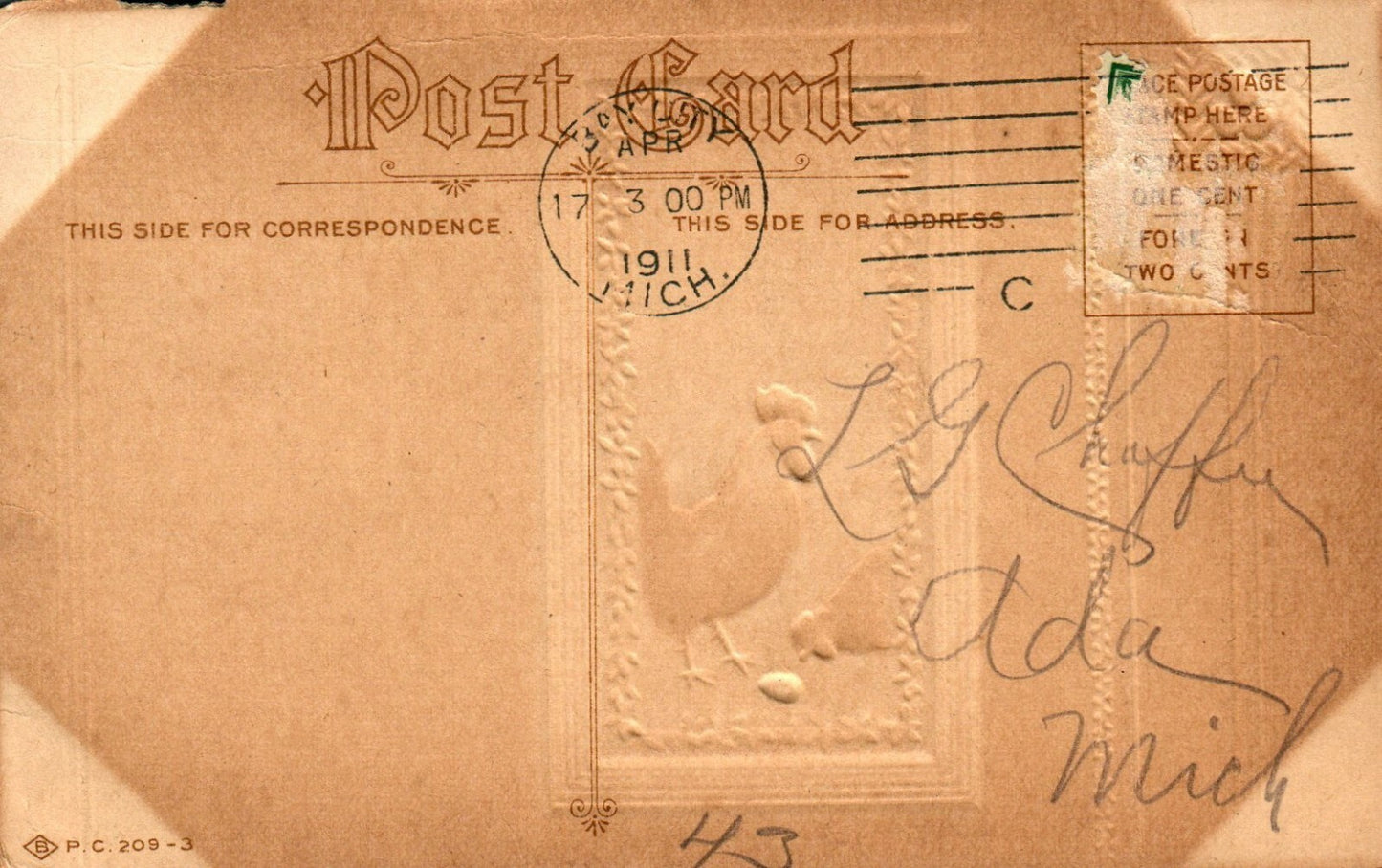 1911 Easter Greetings Hen & Rooster Vintage Postcard