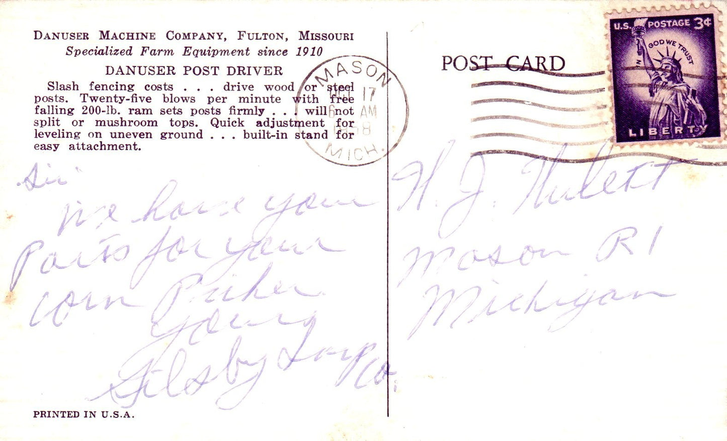 DANUSER Post Driver vintage tractor postcard