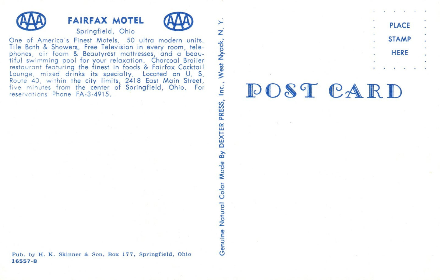 Fairfax Motel and Cocktail Lounge US Route 40 Springfield OH Ohio Postcard
