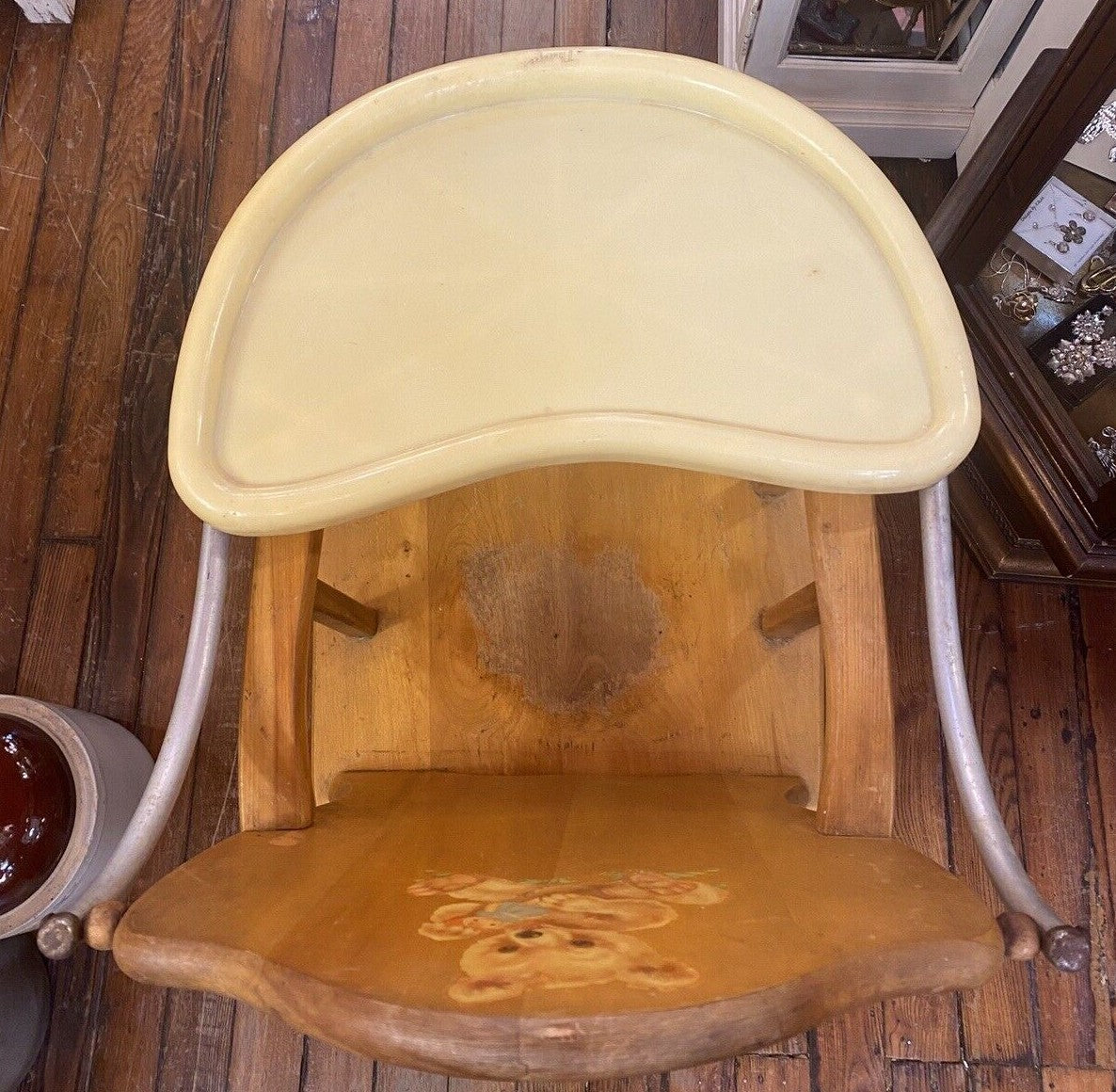 Antique Thayer High Chair Convertible To Play Chair With Bear Print Solid Wood