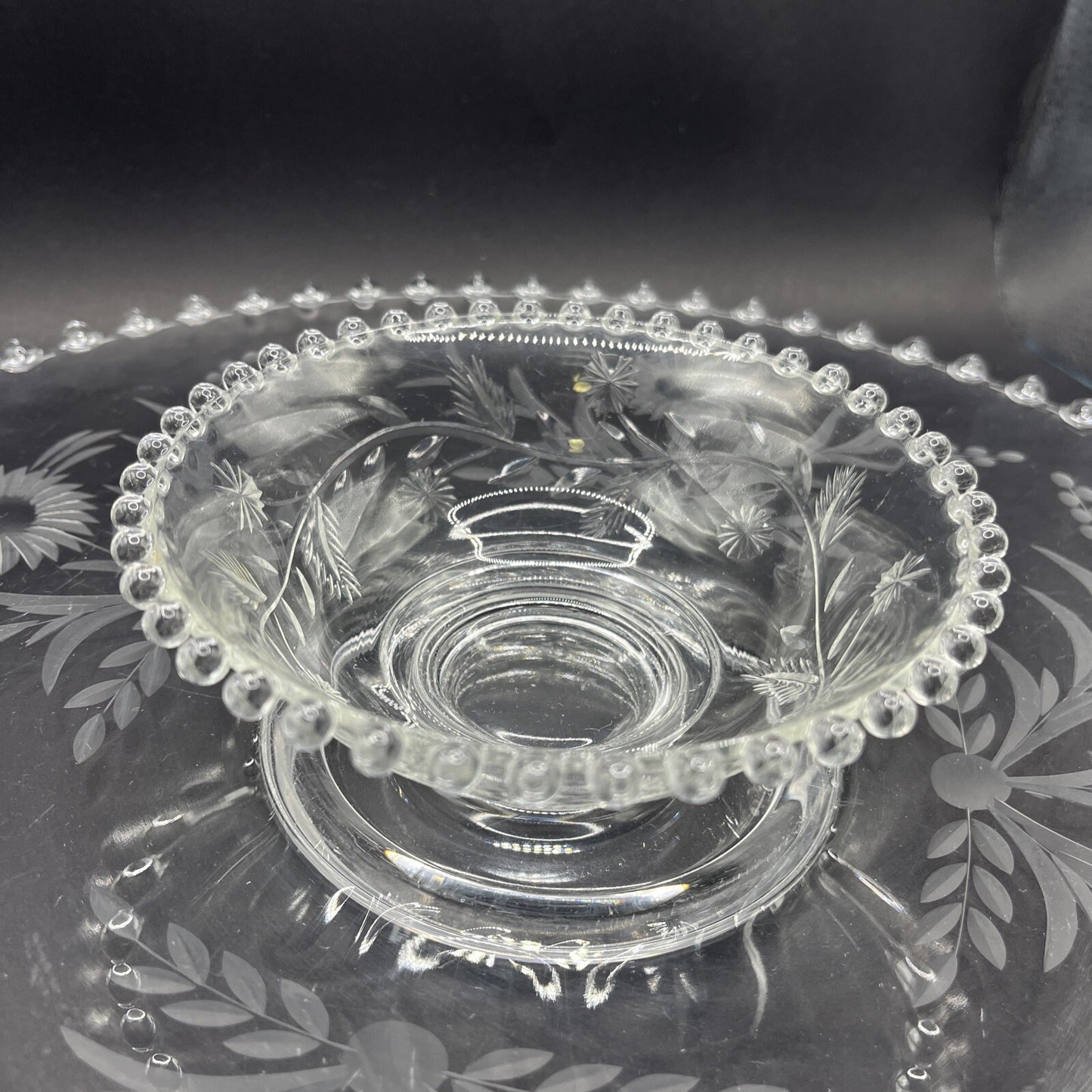 Vintage Crystal Etched Candlewick Serving Platter Tray w Bowl, 14 In Flowers