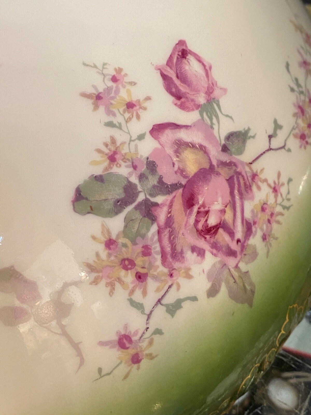 T & V Limoges France 14" Punch Bowl Floral with green and gold
