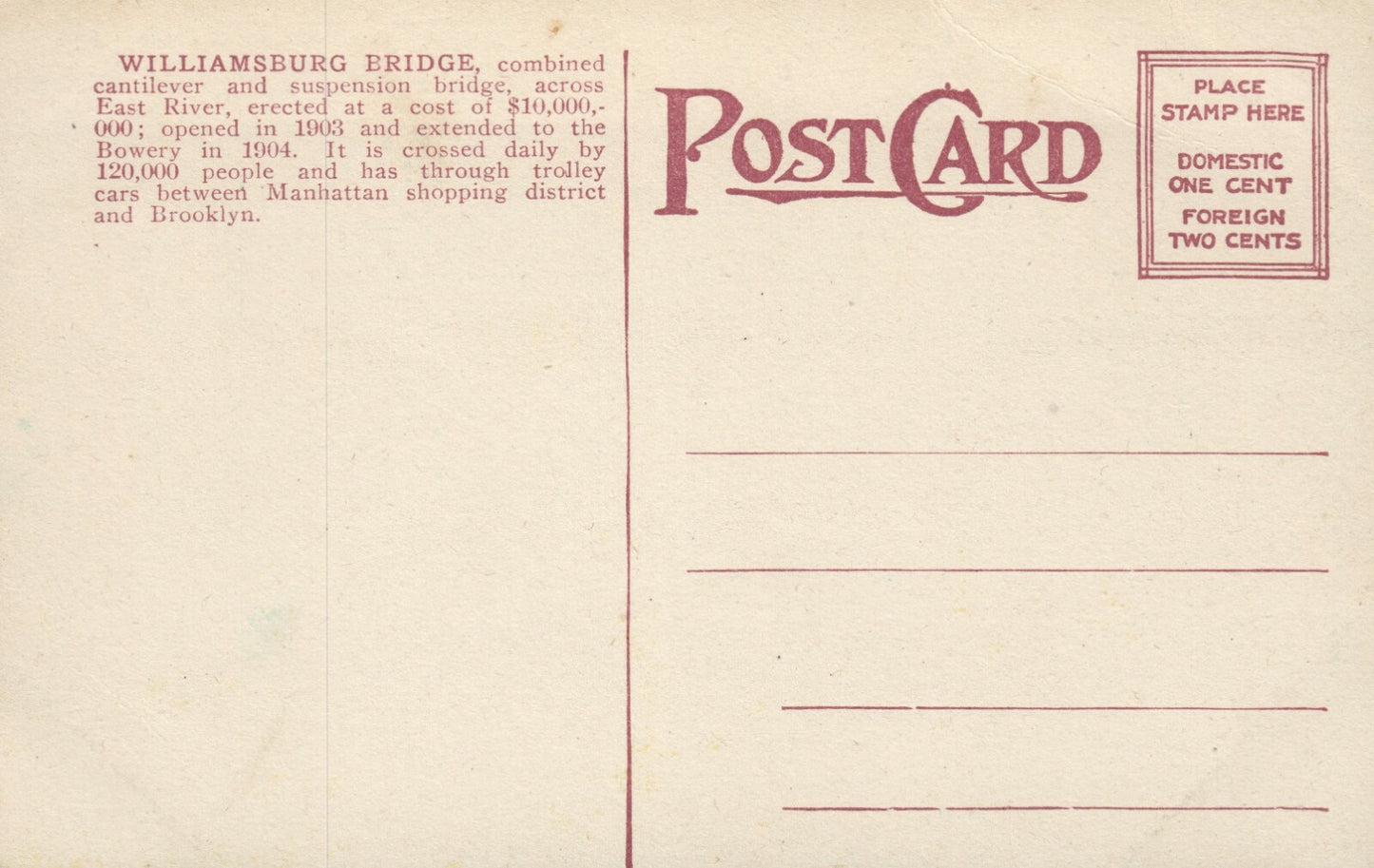 Williamsburg Bridge NYC New York Postcard