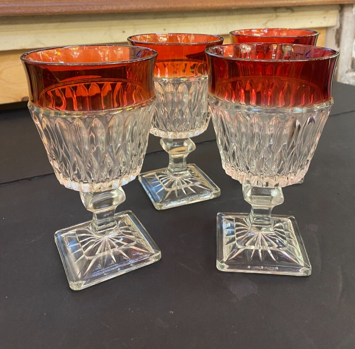 Vintage Ruby Red Rimmed Set Of 4 Goblet Clear Cut Glass Square Base