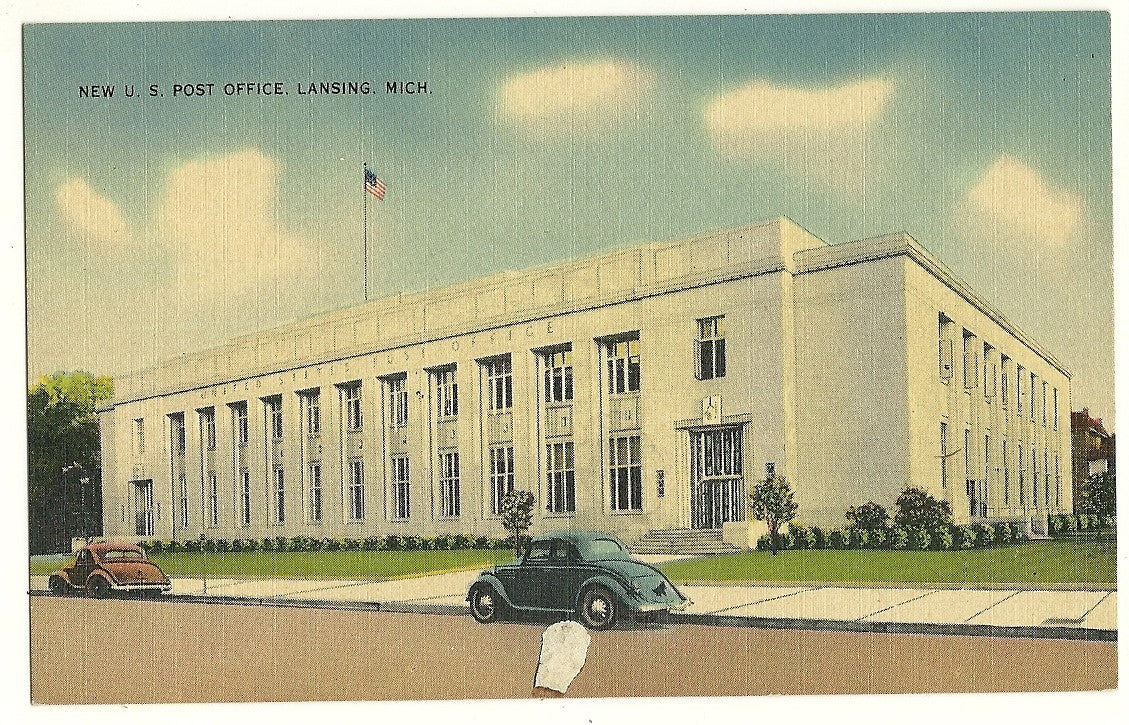 New US Post Office Old cars Lansing MI Michigan Postcard