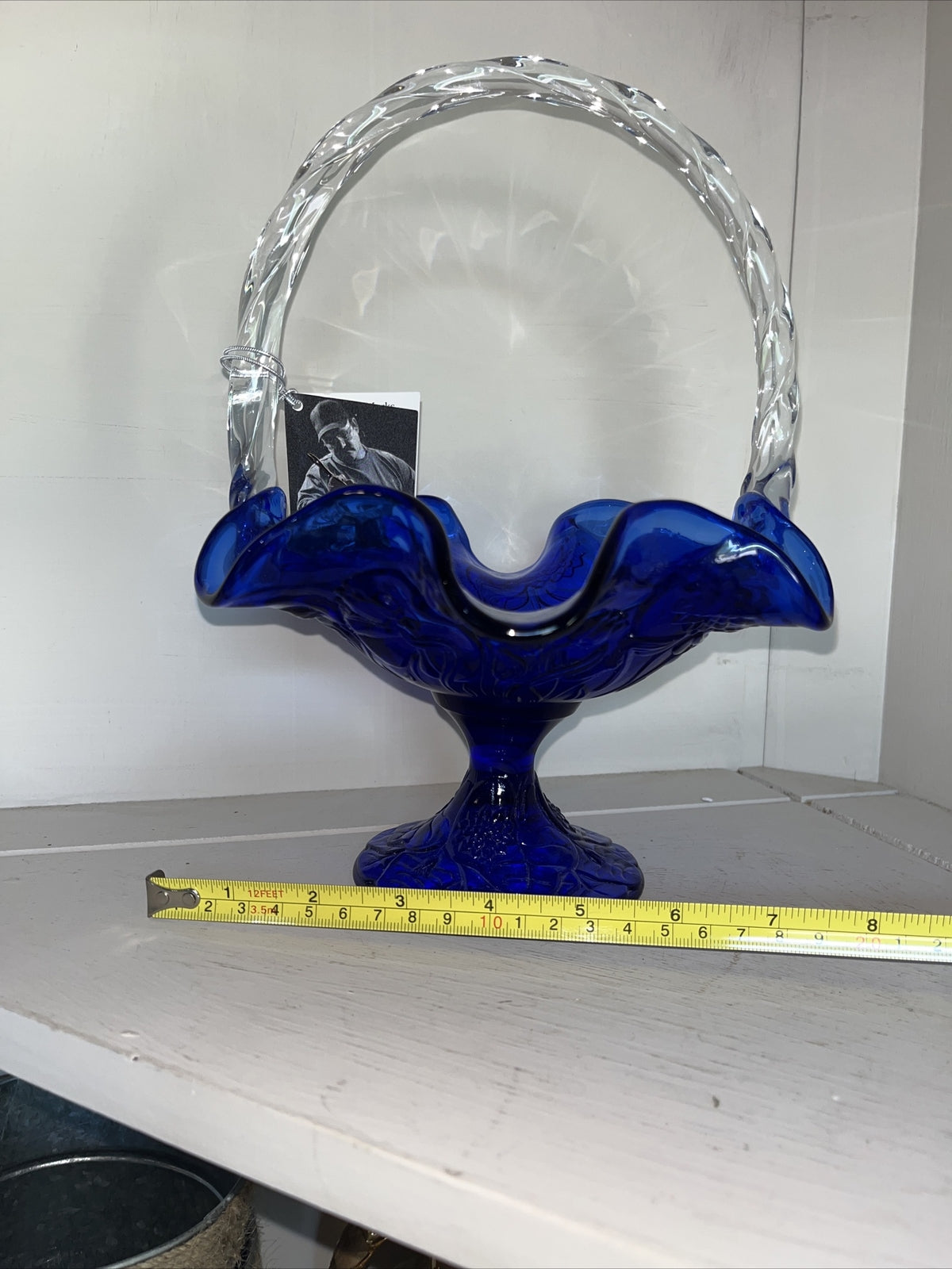 Fenton 95th Cobalt Blue Clear Handle embossed design basket with sticker