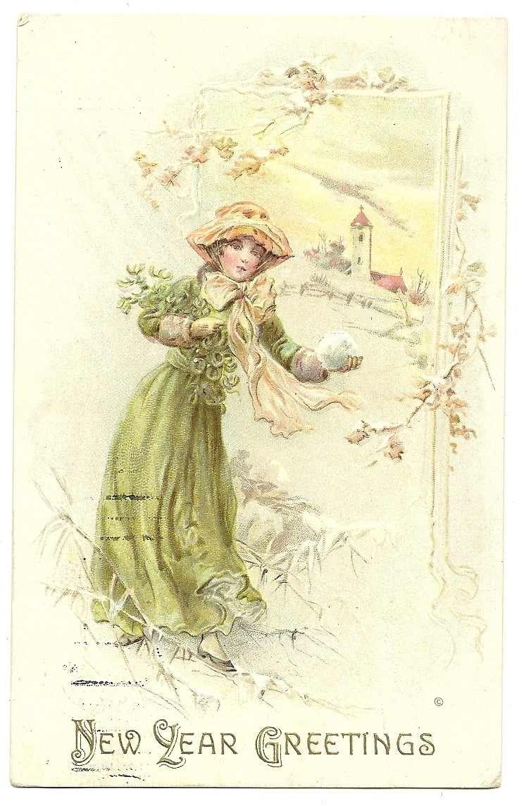 New Year Series 626 Woman with snowball Postcard