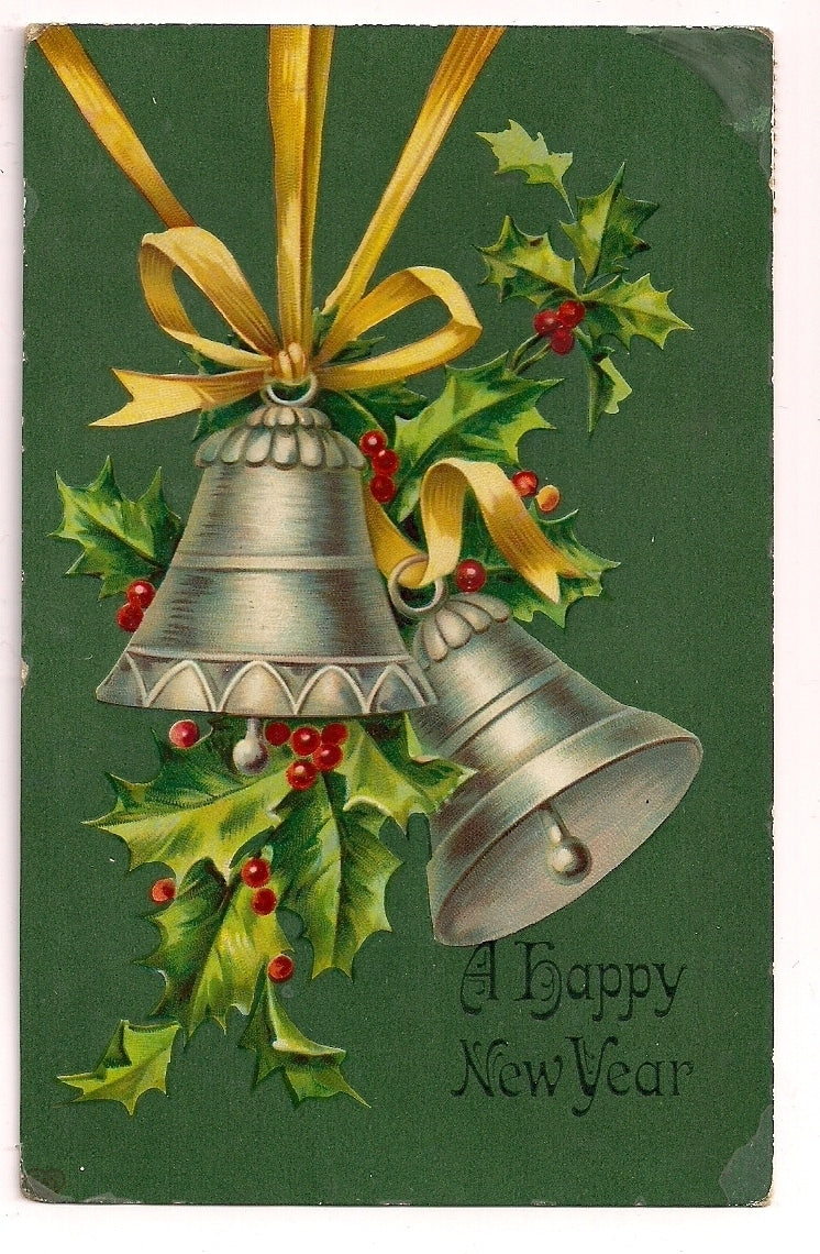 1909 New Year Holiday Bells with Holly Gel Finish Postcard