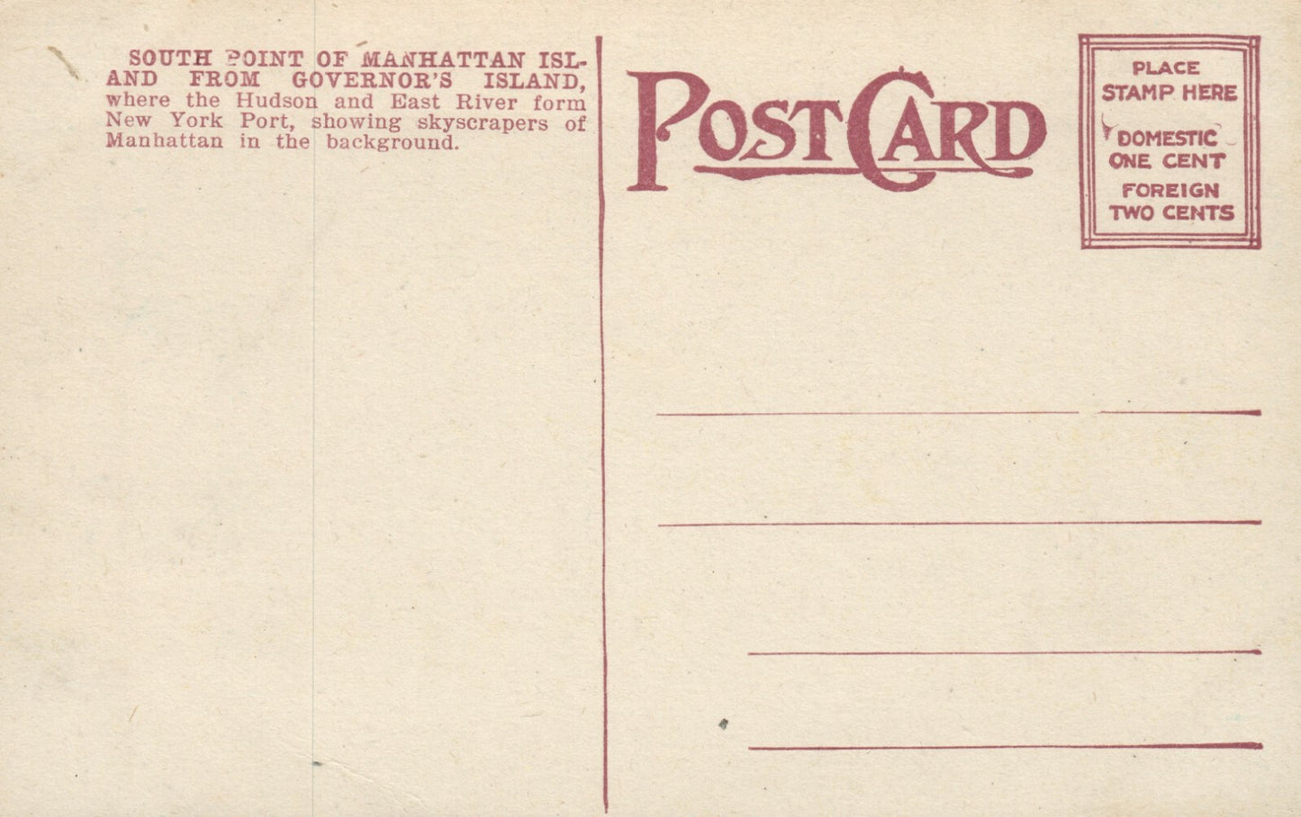South Point Manhattan Island Governors Island NYC New York Postcard