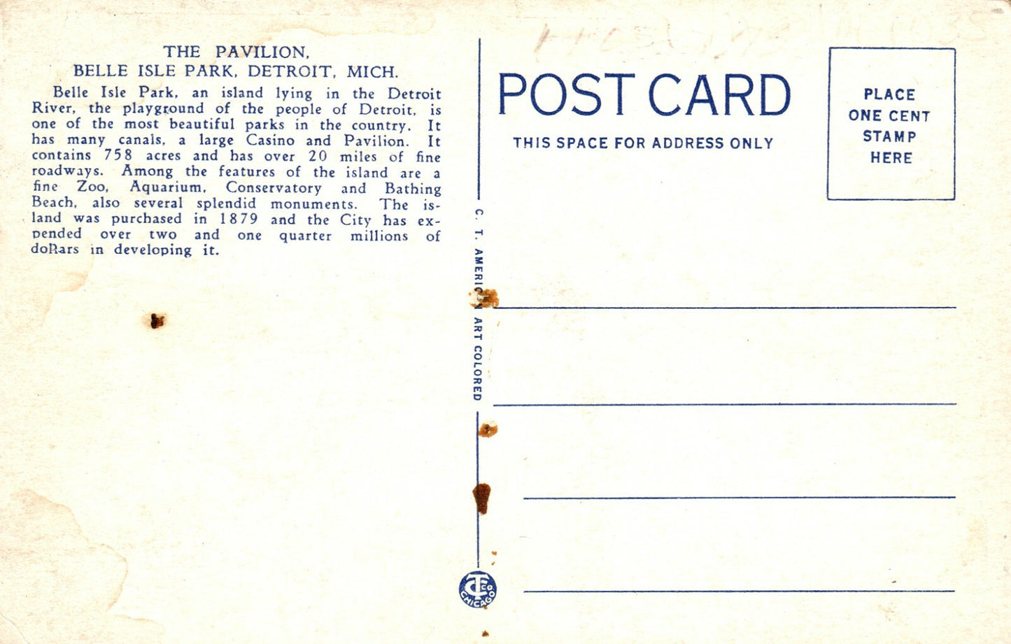 86 Pavilion Belle Isle Park Detroit MI Michigan Postcard