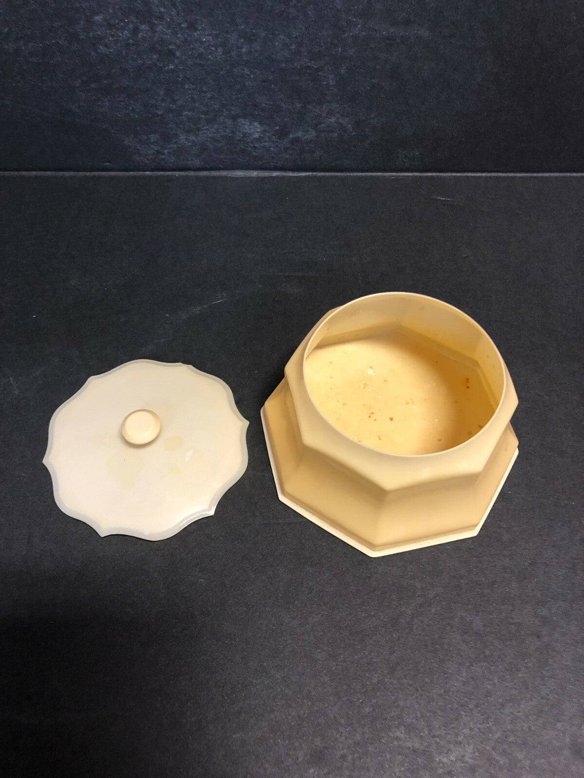 3 Piece Vanity Set Yellow Celluloid Hair Receiver Powder and Containers