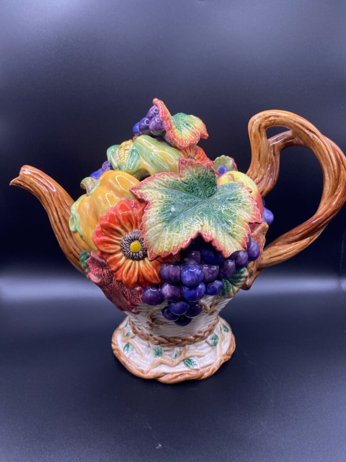 Vintage Fitz And Floyd Harvest Fall Ceramic Pumpkin Grapes Leaf