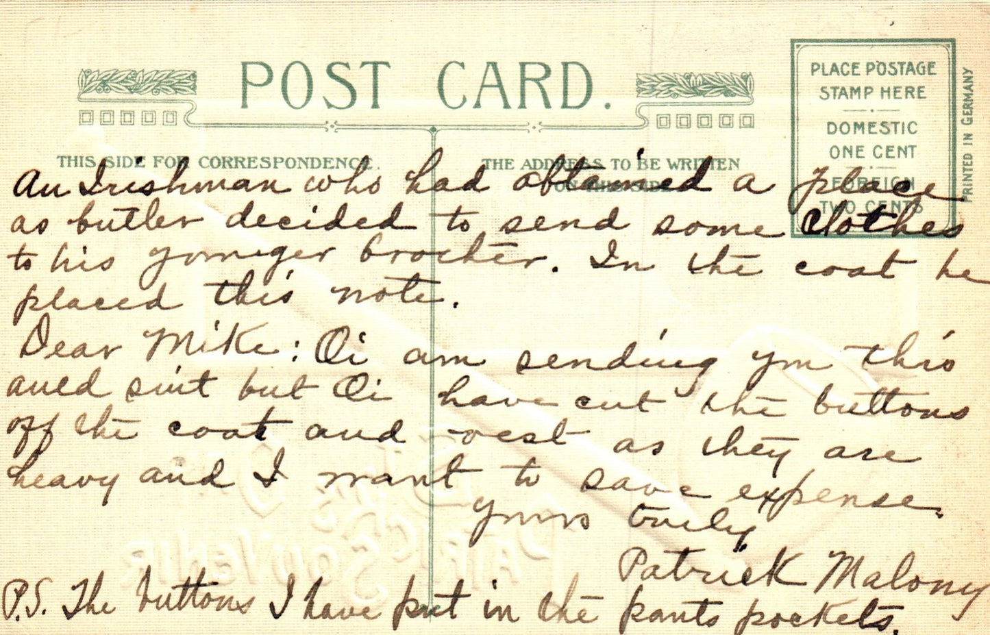 John Winsch St Pats Post Card Landscape in Background Pipe in Foreground