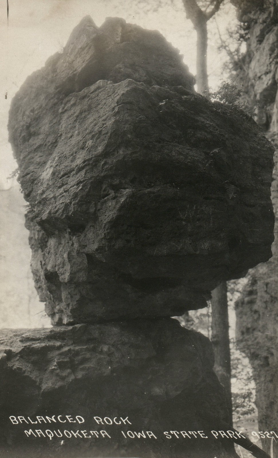 1929 Real Photo Balance Rock Maquoketa IA Iowa State Park Postcard #9529