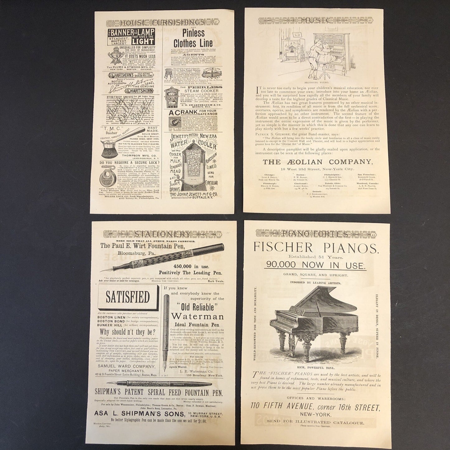Furniture Desks Pianos- 4 pages - 1891 Harpers Magazine Advertisements Ads