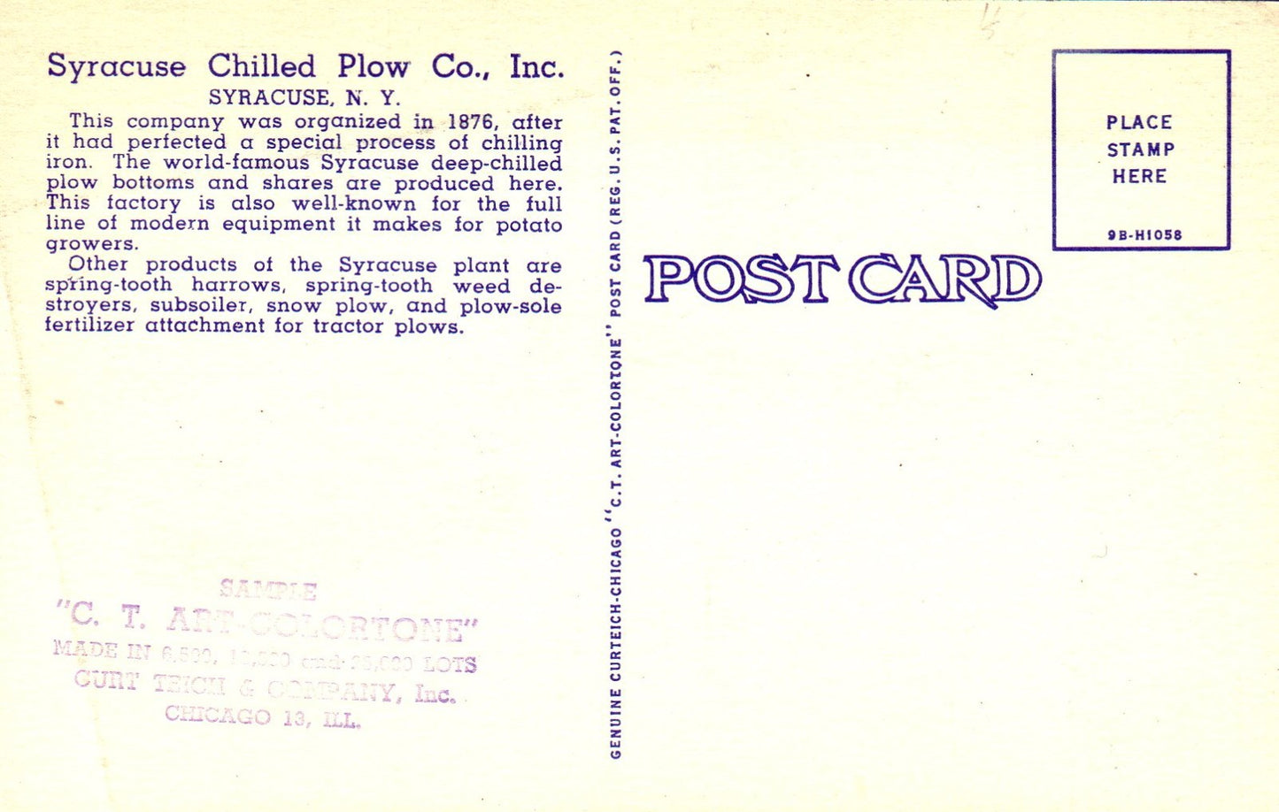 Syracuse Chilled Plow CO. INC. Syracuse, New York Vintage postcard
