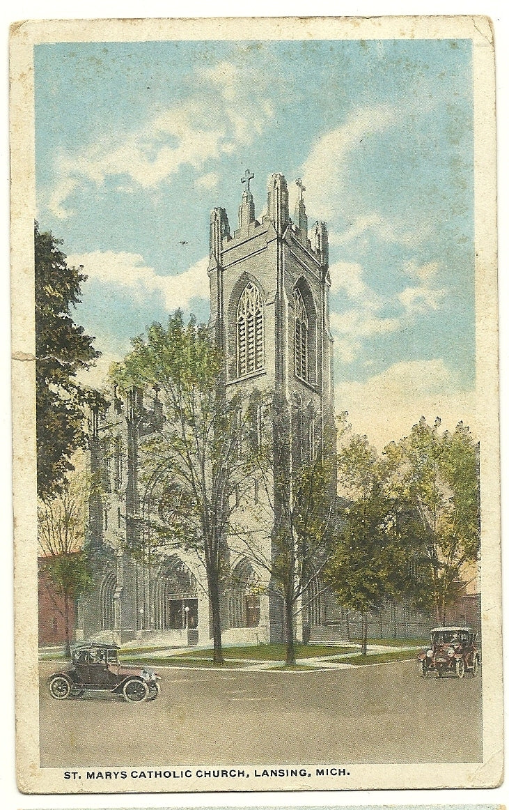 St Mary's Catholic Church Lansing Old Cars MI Michigan Postcard
