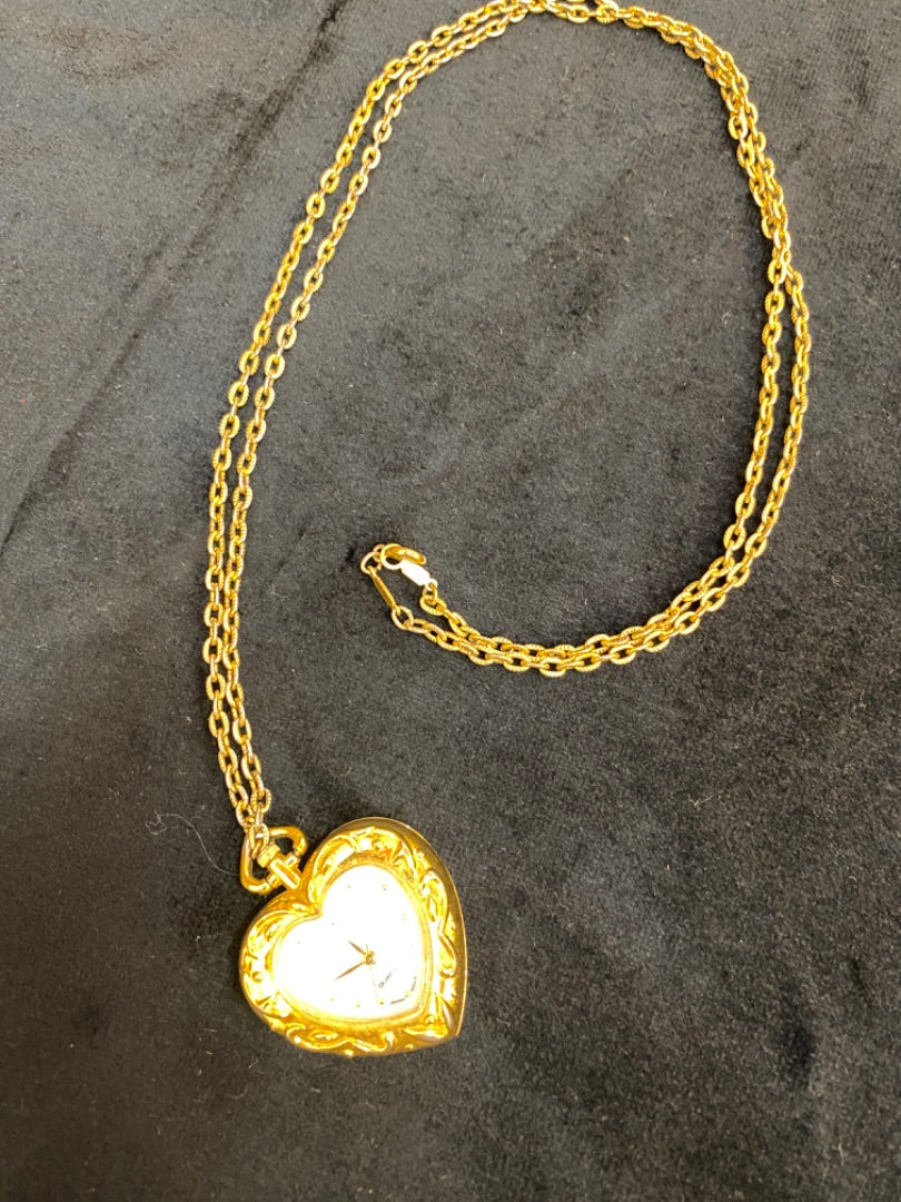 Avon Heart Watch Necklace Gold Tone
