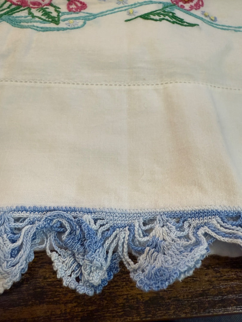 Vtg Embroidered Pillow Cases Yellow Flowers Pink Flowers Blue Trim