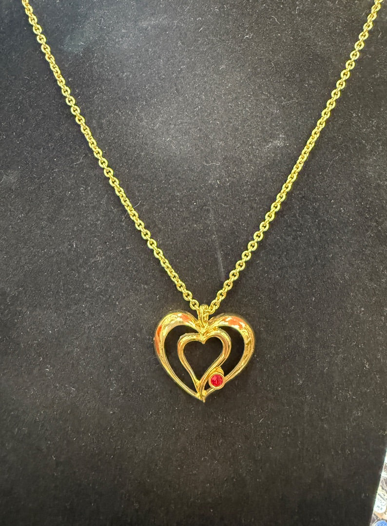 Vtg Avon Gold Hearts Necklace Red Gem