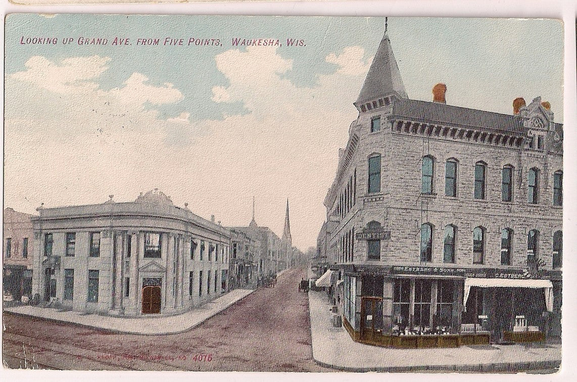 Looking up Grand Ave Five points Waukesha WI Wisconsin Postcard
