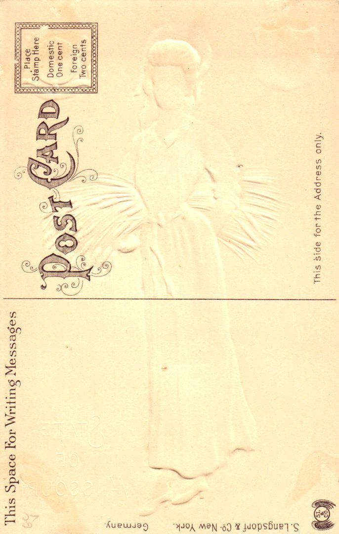Women representing the State of Missouri holding wheat wearing a silk blue and white suit with a red apron