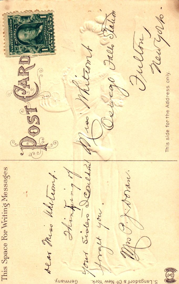 Women representing the State of Ohio holding a paper and a farming disc wearing a silk purple dress