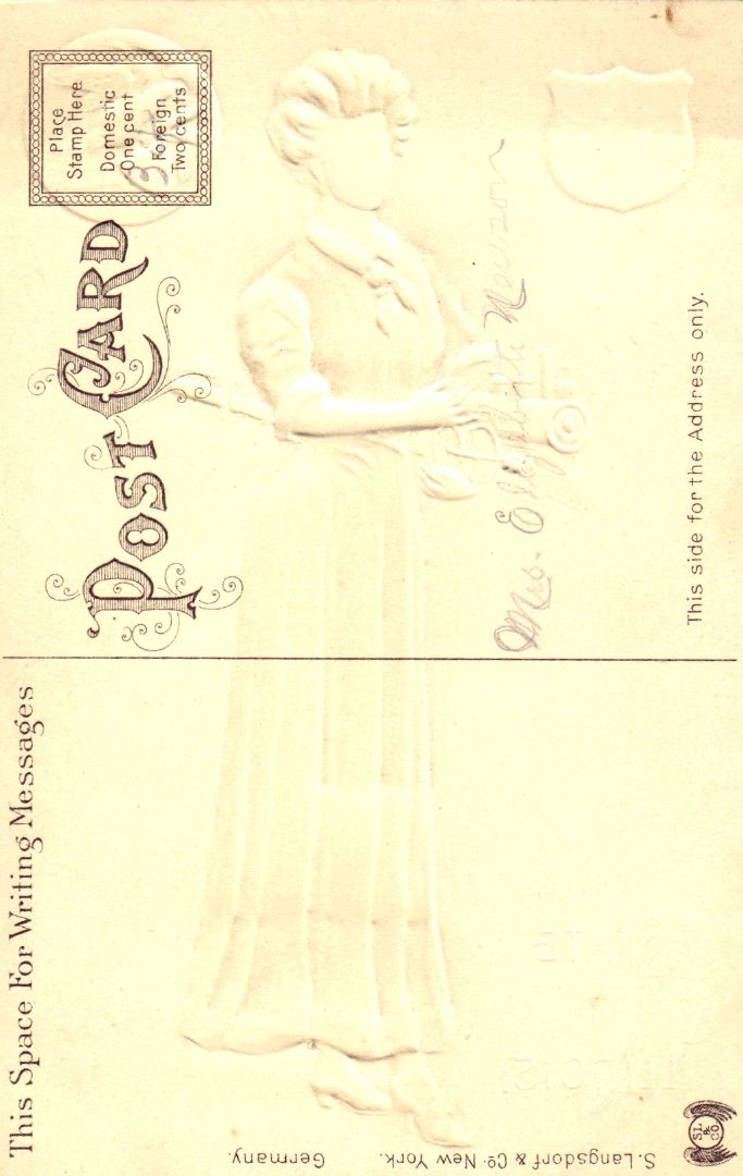 Women representing the State of Illinois holding a train figurine wearing a silk green and red dress with a blue apron