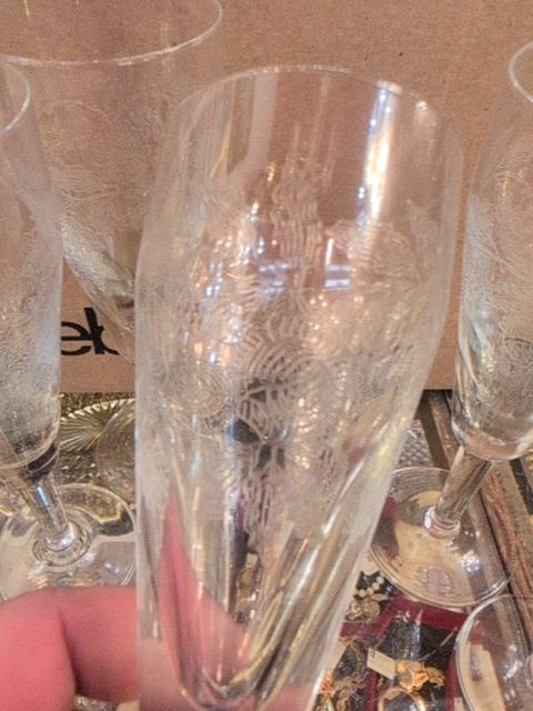 Etched roses in Champaign glasses