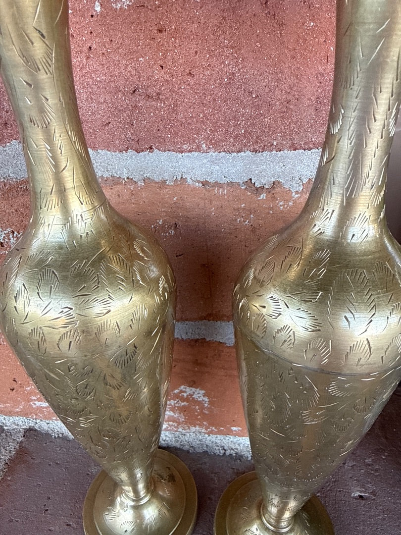 Vintage Brass engraved vases 12”