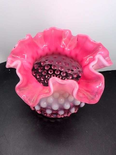 Pink opalescent Fenton hobnail vase
