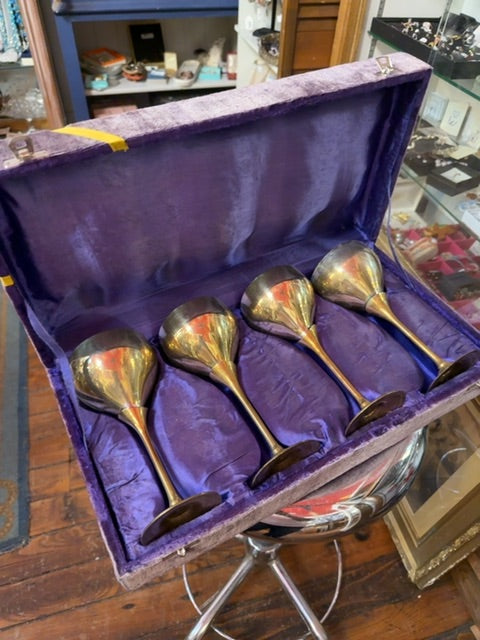 Vintage brass wine goblet set w/case