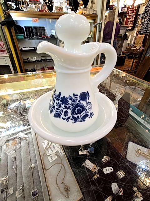 Blue Milk Glass Bowl & Pitcher