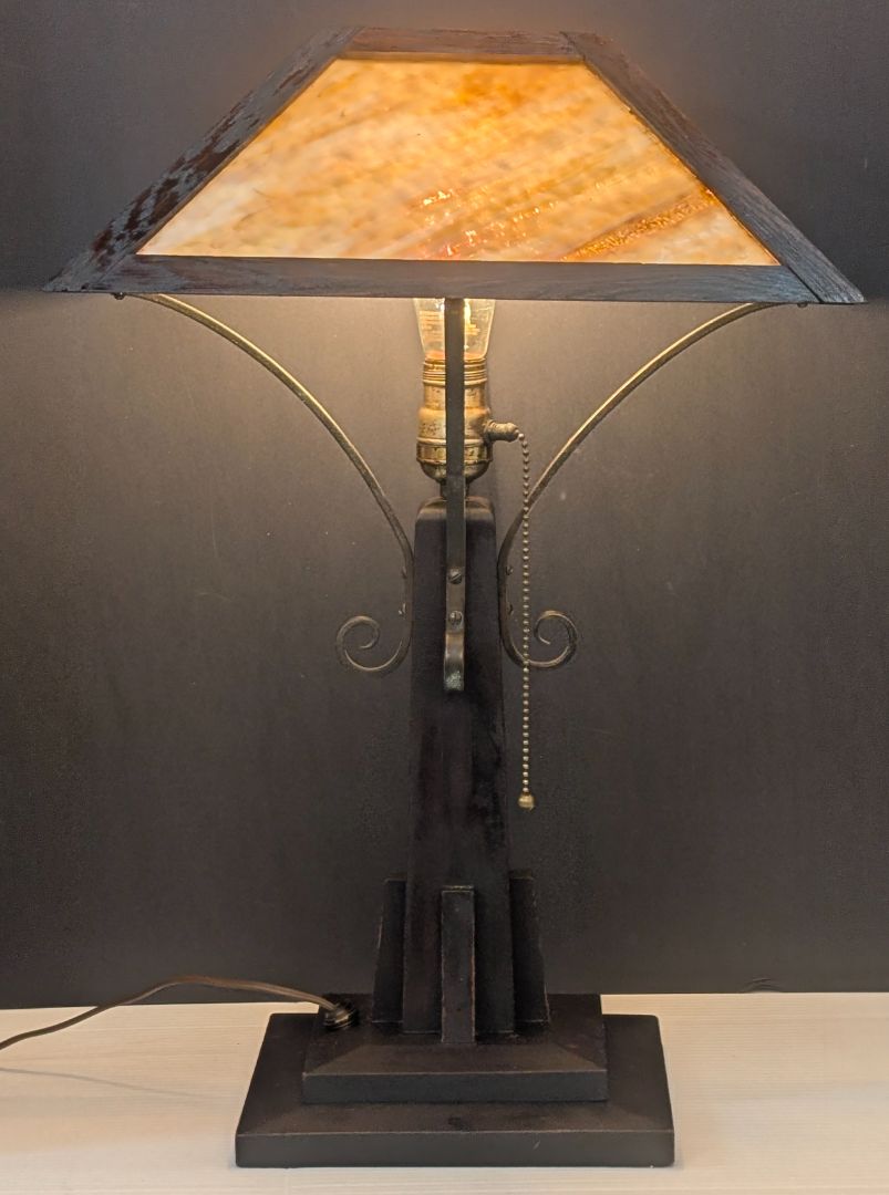 1910 to 1925 arts and crafts wooden lamp with slag glass