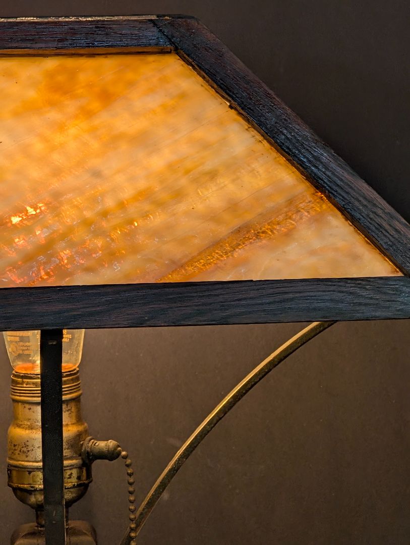 1910 to 1925 arts and crafts wooden lamp with slag glass