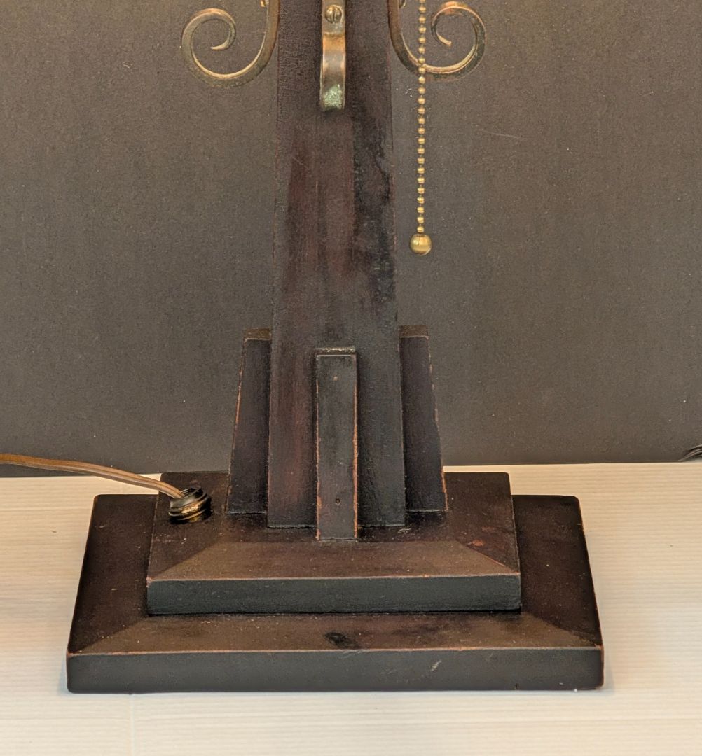 1910 to 1925 arts and crafts wooden lamp with slag glass