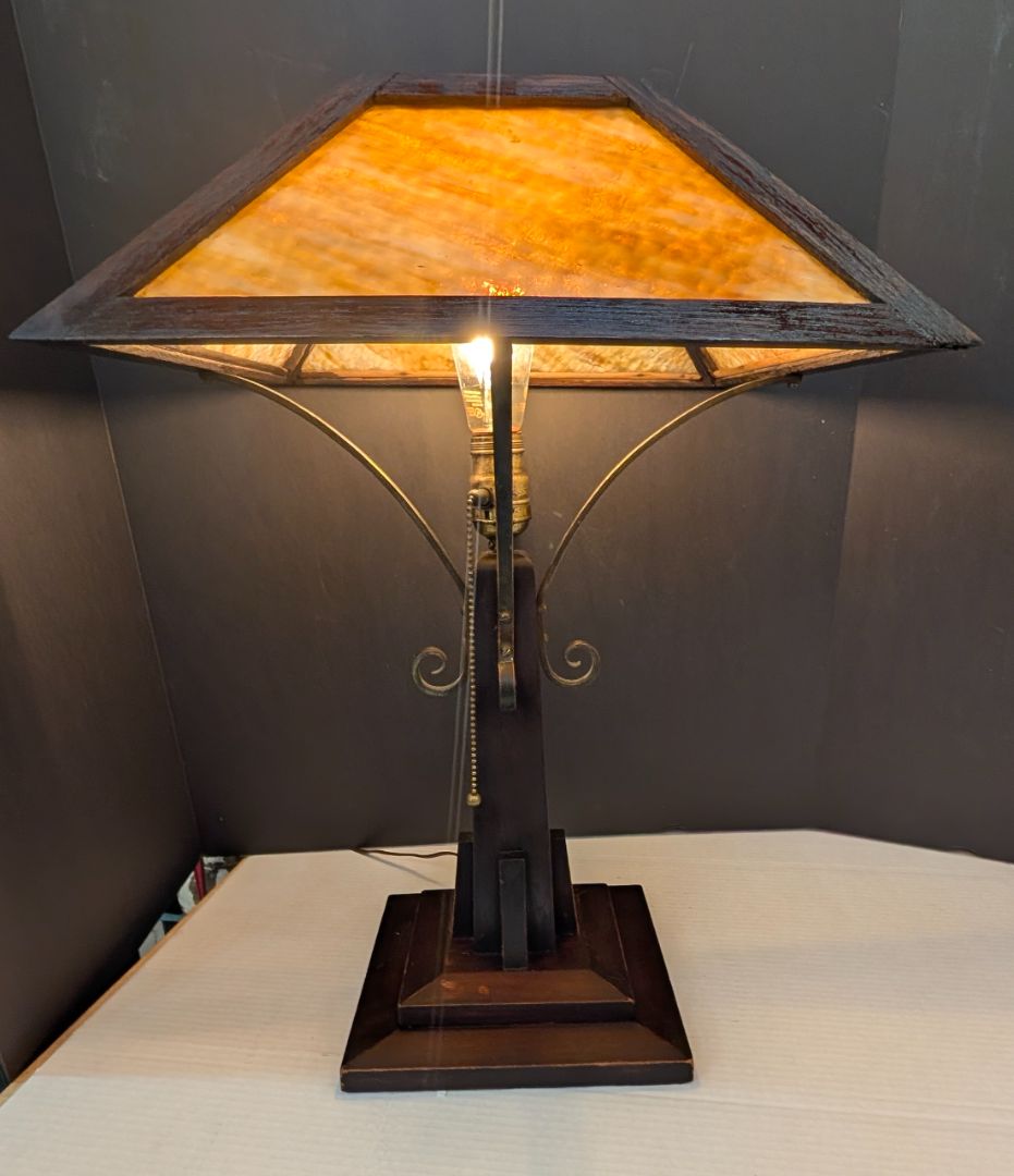 1910 to 1925 arts and crafts wooden lamp with slag glass