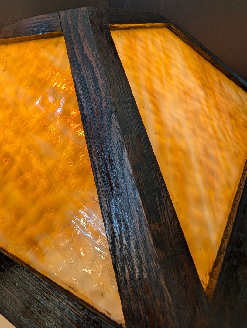 1910 to 1925 arts and crafts wooden lamp with slag glass
