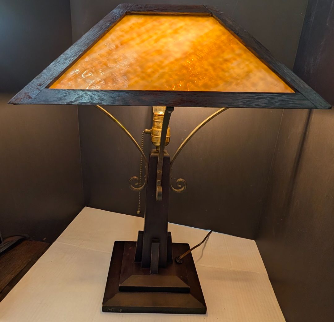 1910 to 1925 arts and crafts wooden lamp with slag glass