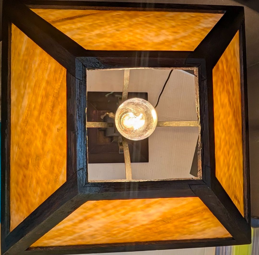 1910 to 1925 arts and crafts wooden lamp with slag glass