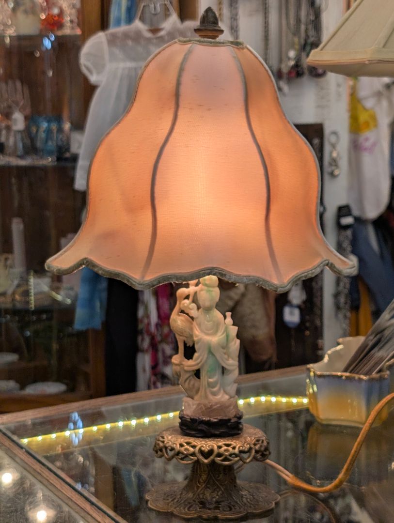 1930s Chinese inspired lamp cast brass jade and silk