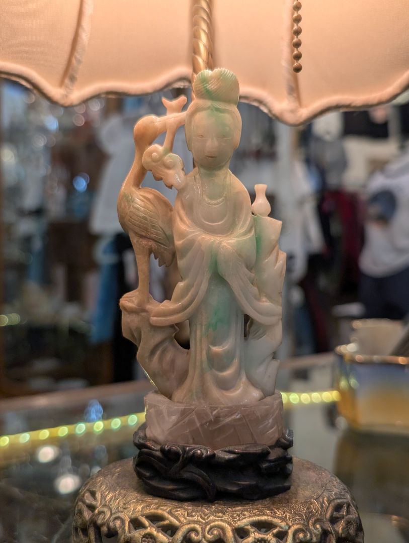 1930s Chinese inspired lamp cast brass jade and silk