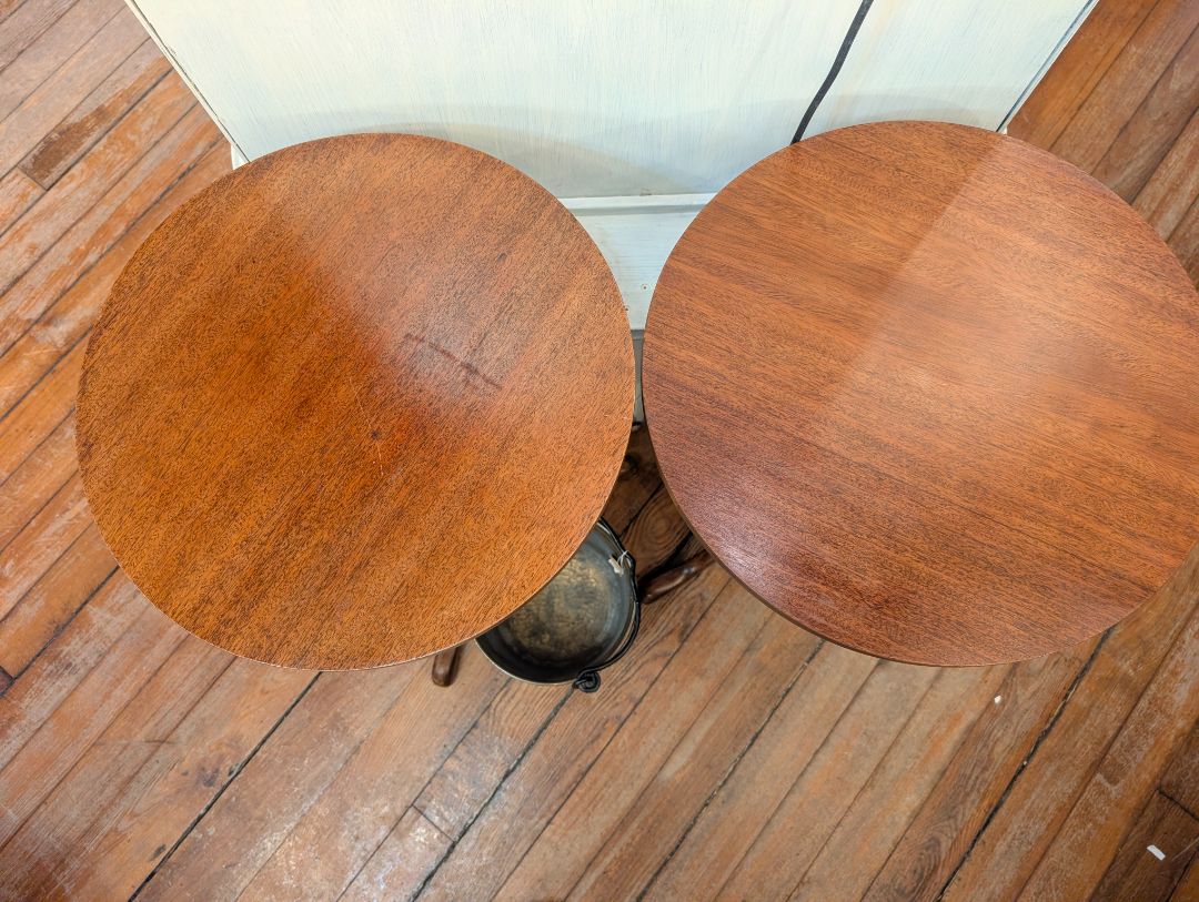 Matched pair of mahogany, three-leg and tables?